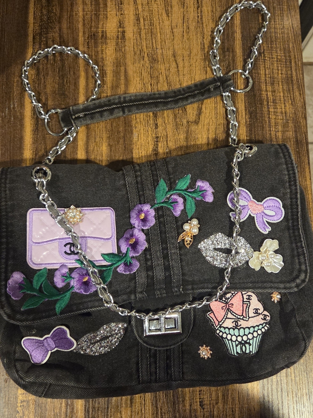 Black Embellished Junkit Floral Patch Shoulder Bag